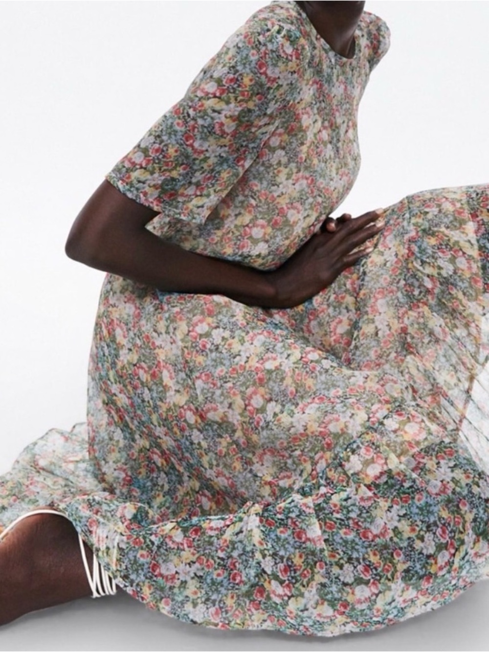 Zara Green Floral High-Low Ruffle Dress